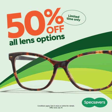 A pair of eyeglasses on a mint green background. Text '50% off all lens options. Limited time only'.