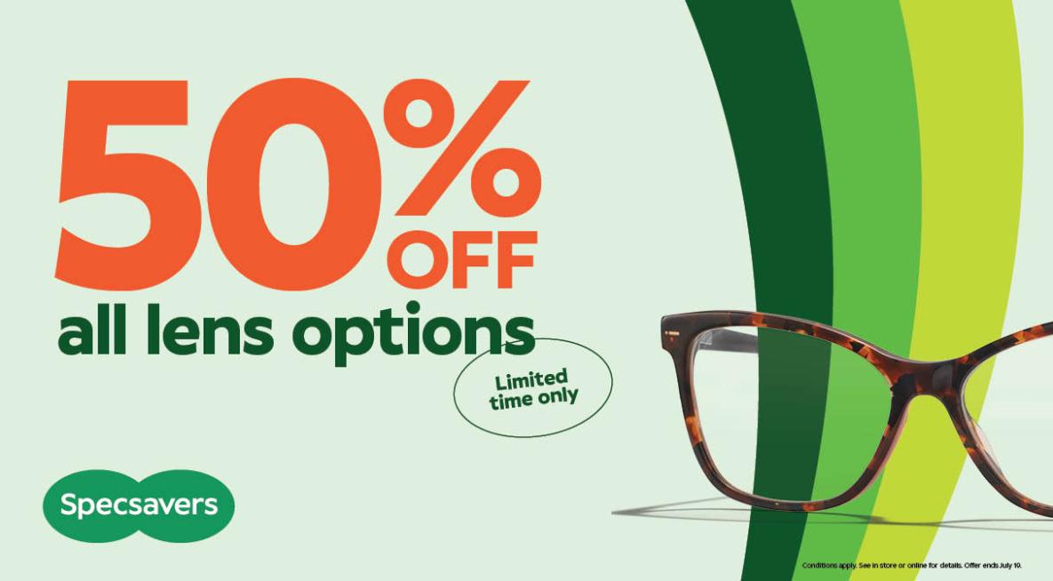A pair of eyeglasses on a mint green background. Text '50% off all lens options. Limited time only'.